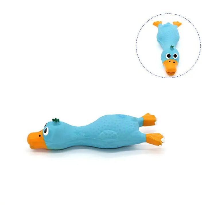 Blue duck-shaped squeaky dog toy with orange beak and feet, made of soft latex for fun chewing and interactive play